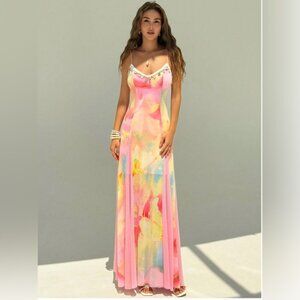 Y2K Pastel Pink Watercolor Mesh Maxi Dress